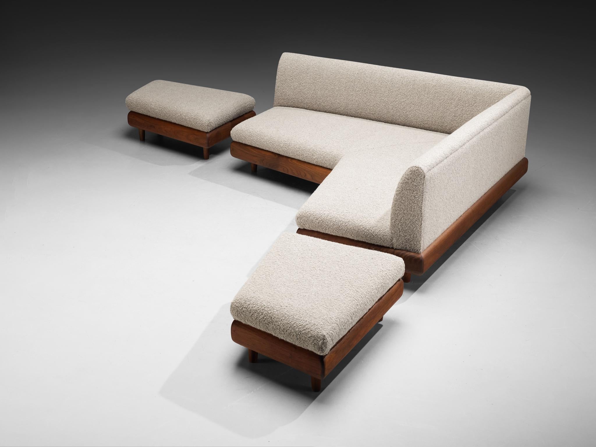 Adrian Pearsall Sofa in Wool Upholstery and Walnut Frame with Ottomans