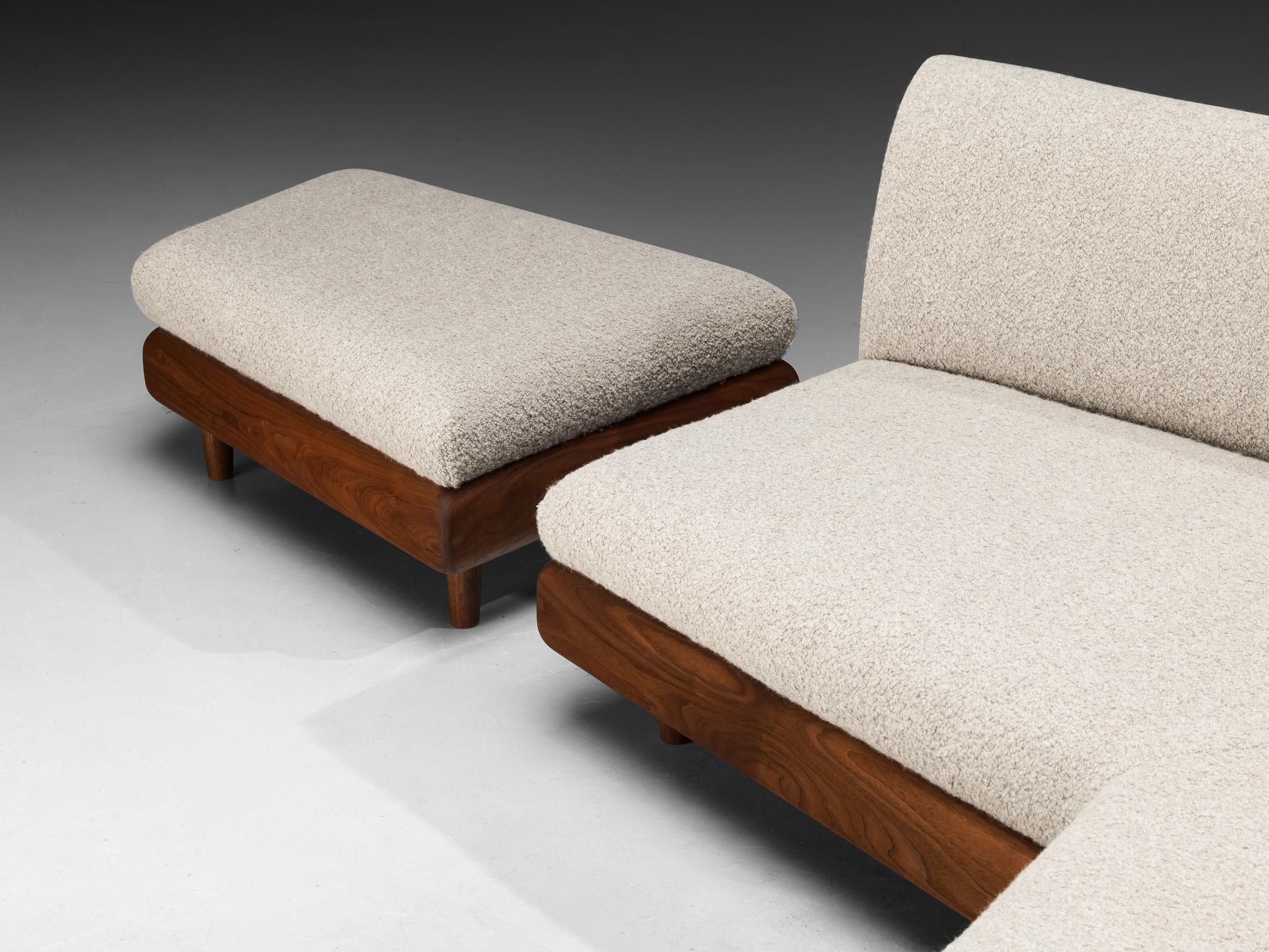 Adrian Pearsall Sofa in Wool Upholstery and Walnut Frame with Ottomans