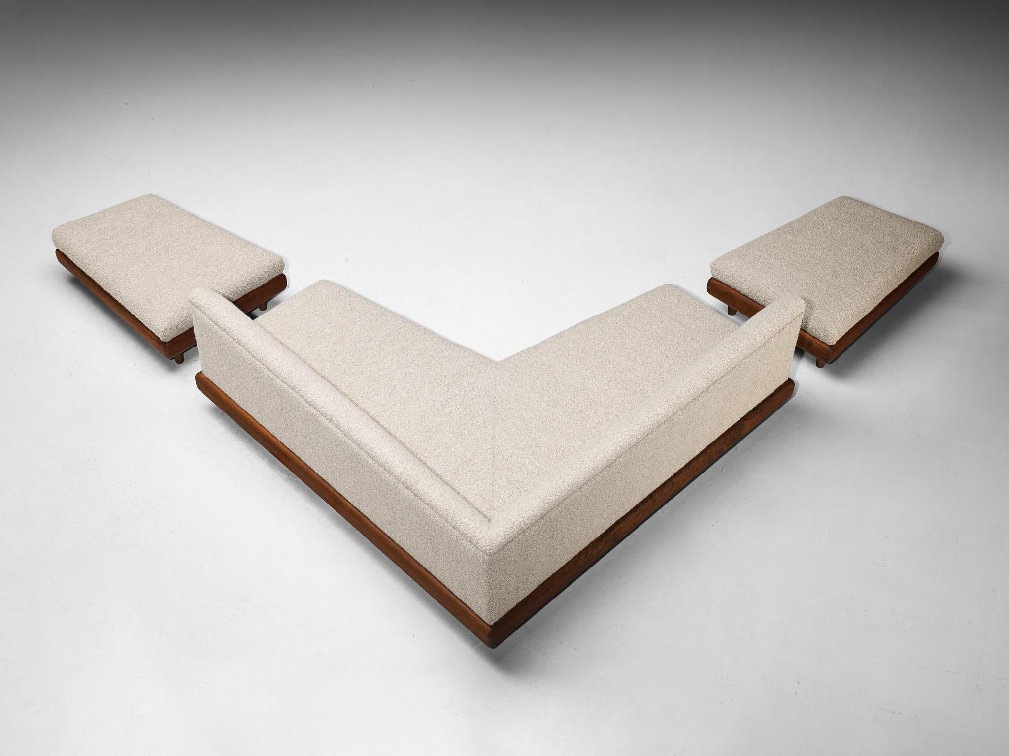 Adrian Pearsall Sofa in Wool Upholstery and Walnut Frame with Ottomans