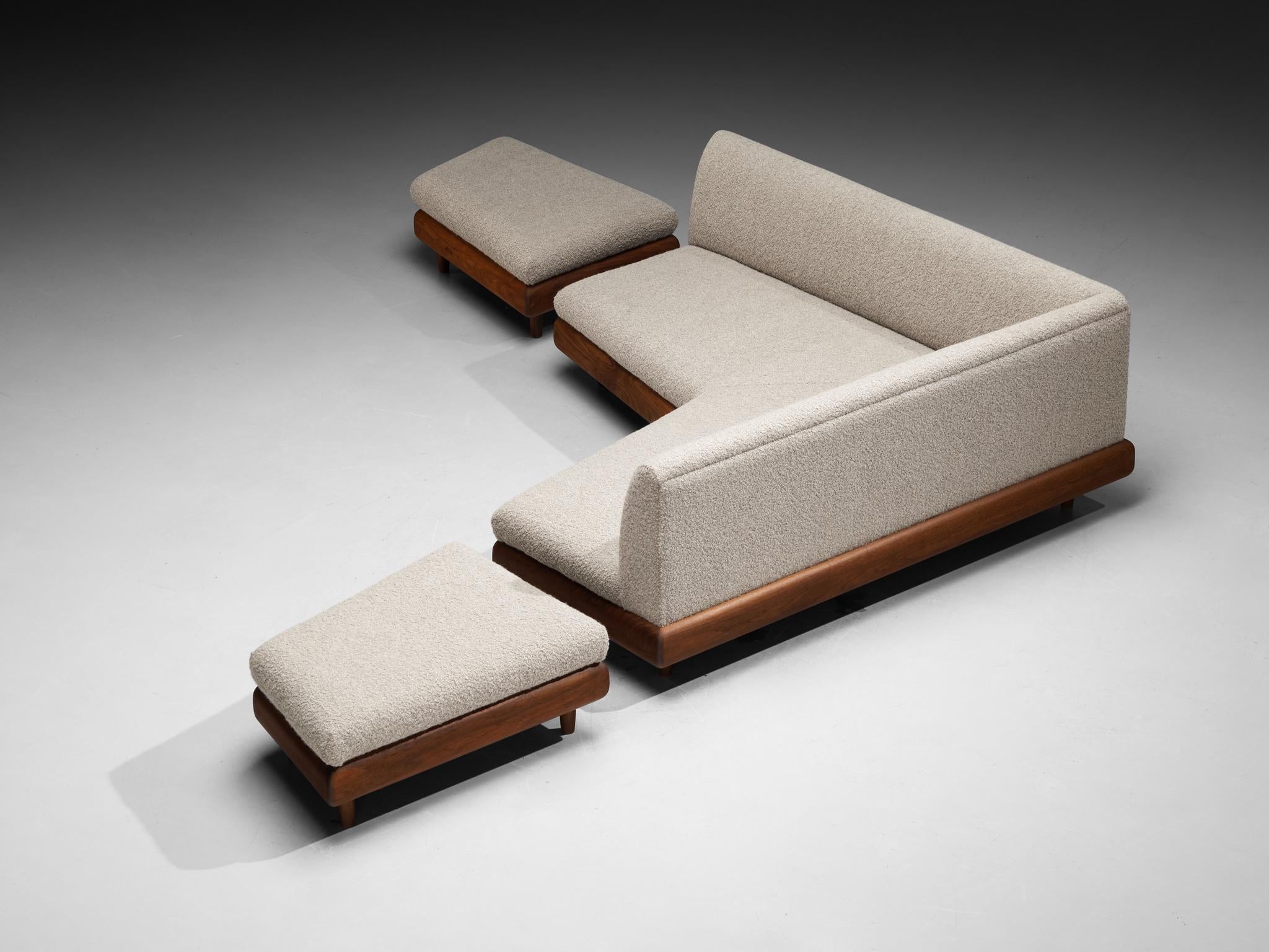 Adrian Pearsall Sofa in Wool Upholstery and Walnut Frame with Ottomans