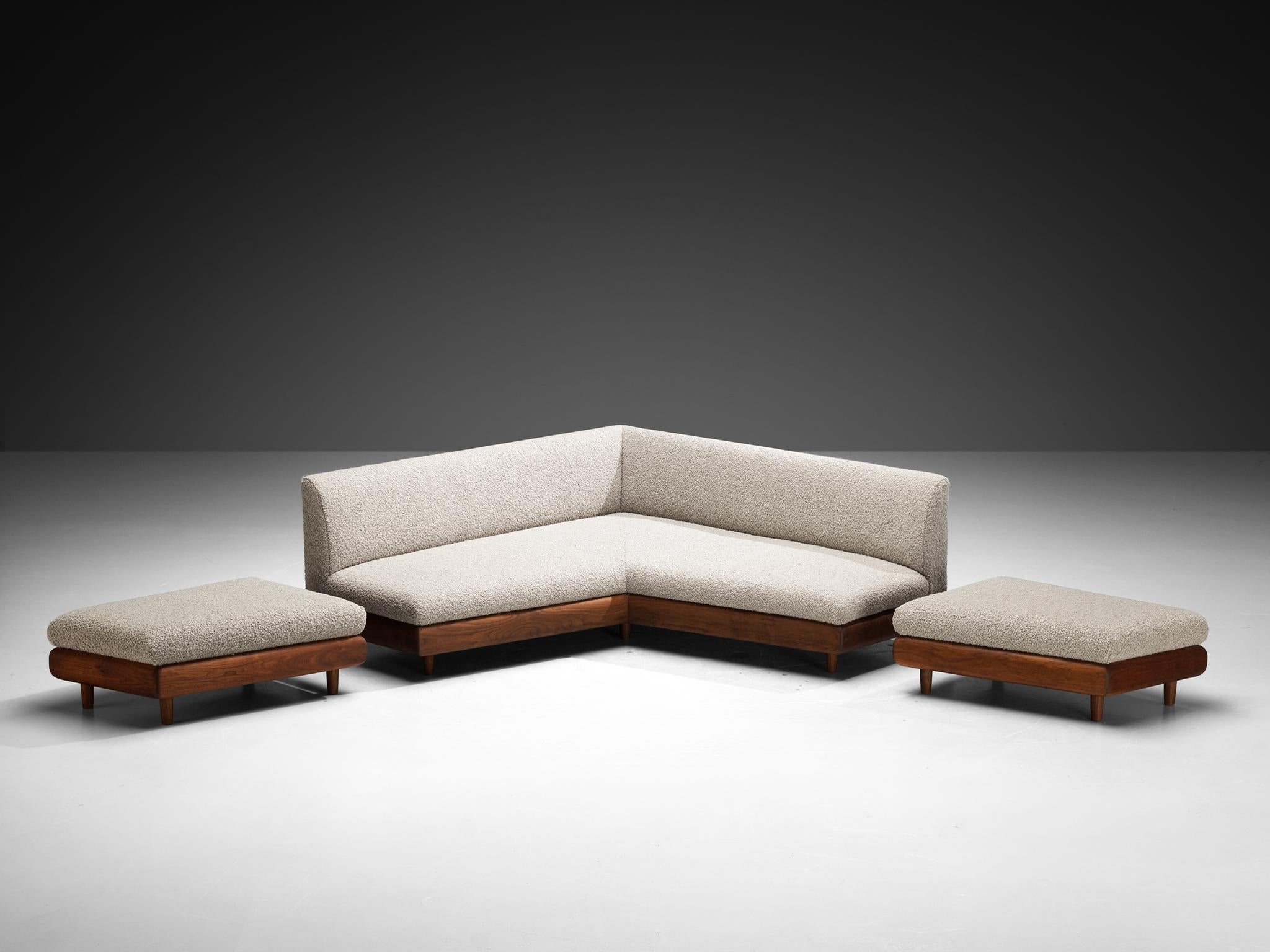 Adrian Pearsall Sofa in Wool Upholstery and Walnut Frame with Ottomans