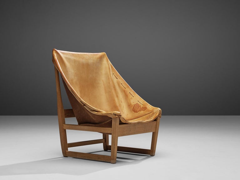 French Hunting Chair in Cognac Leather and Oak