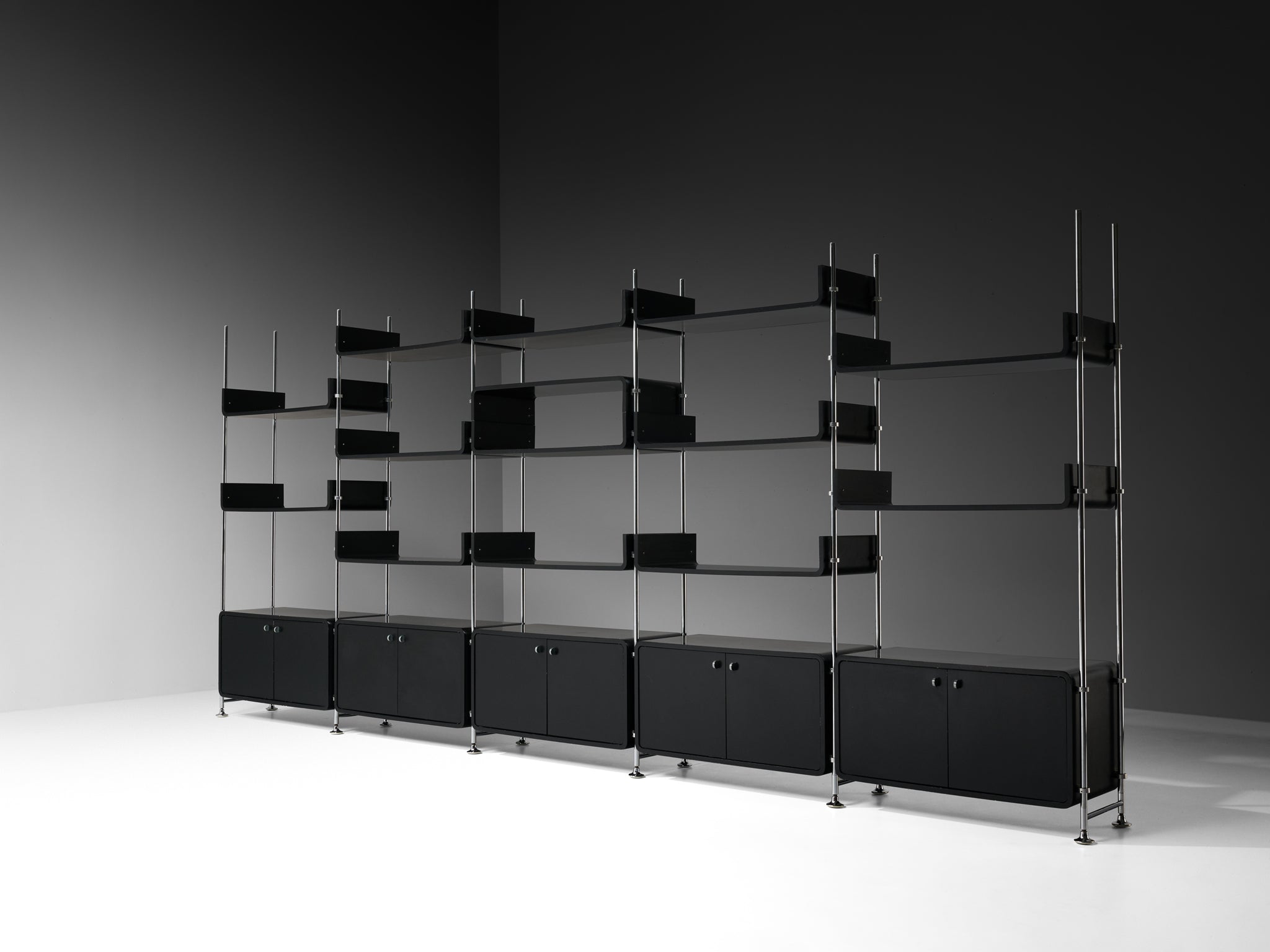 Michel Ducaroy Modular Wall Unit in Black Lacquered Wood and Steel