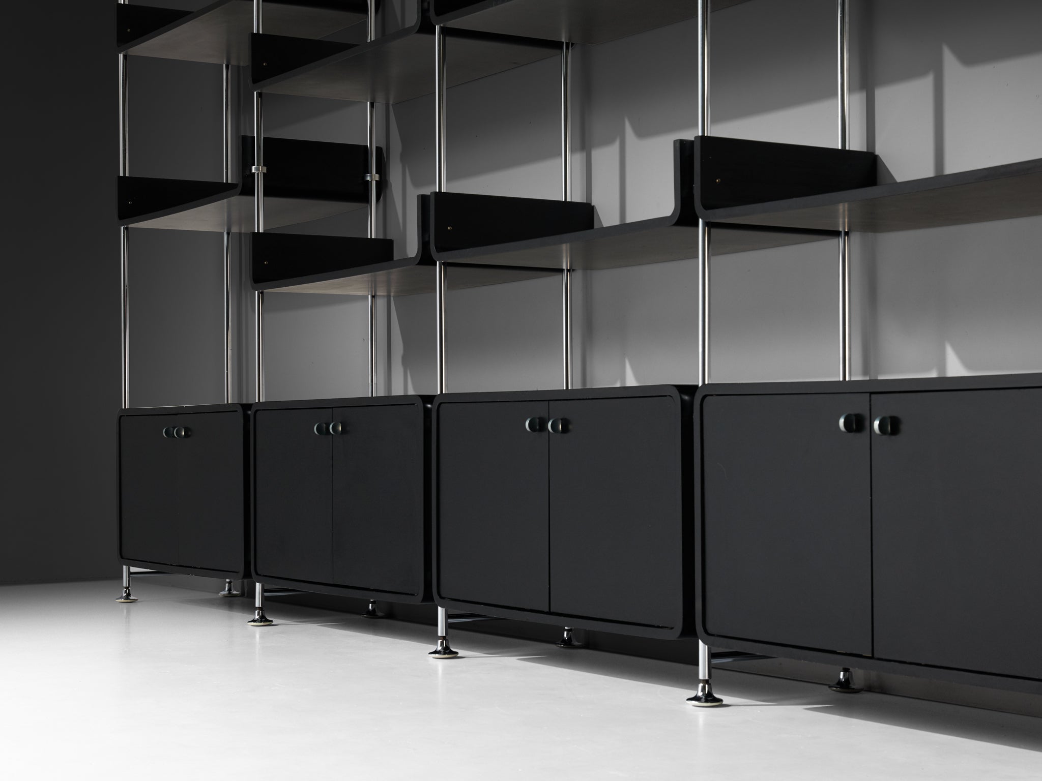 Michel Ducaroy Modular Wall Unit in Black Lacquered Wood and Steel