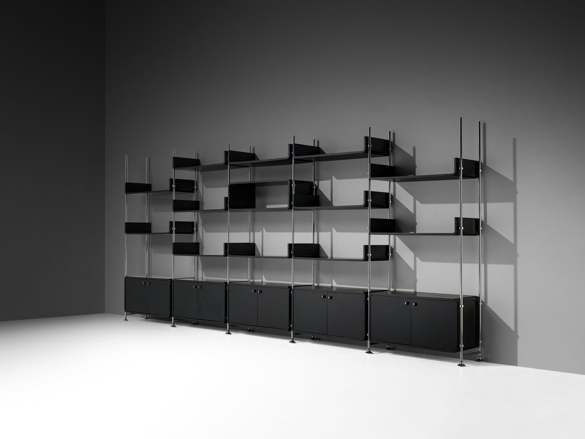 Michel Ducaroy Modular Wall Unit in Black Lacquered Wood and Steel