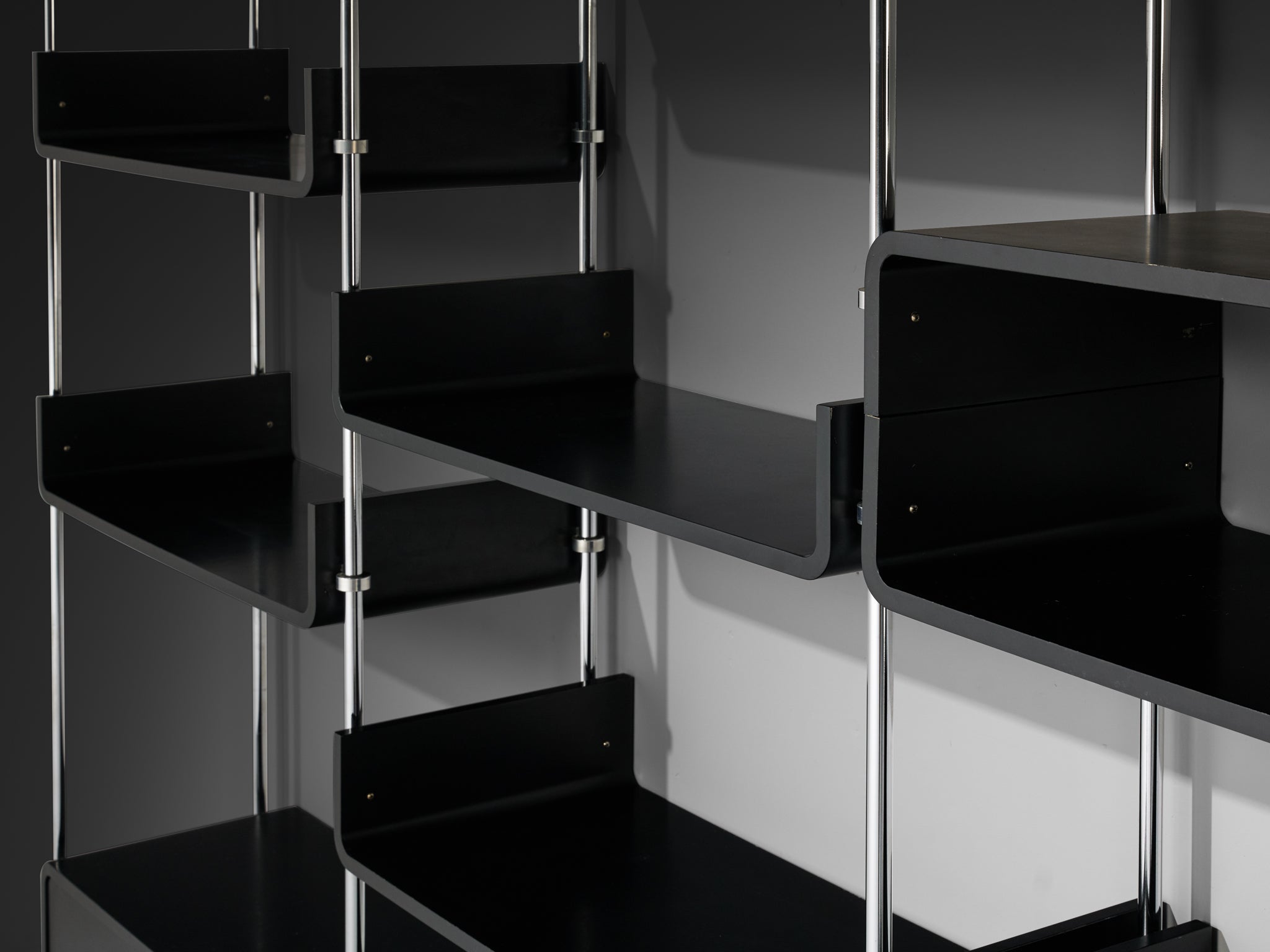 Michel Ducaroy Modular Wall Unit in Black Lacquered Wood and Steel