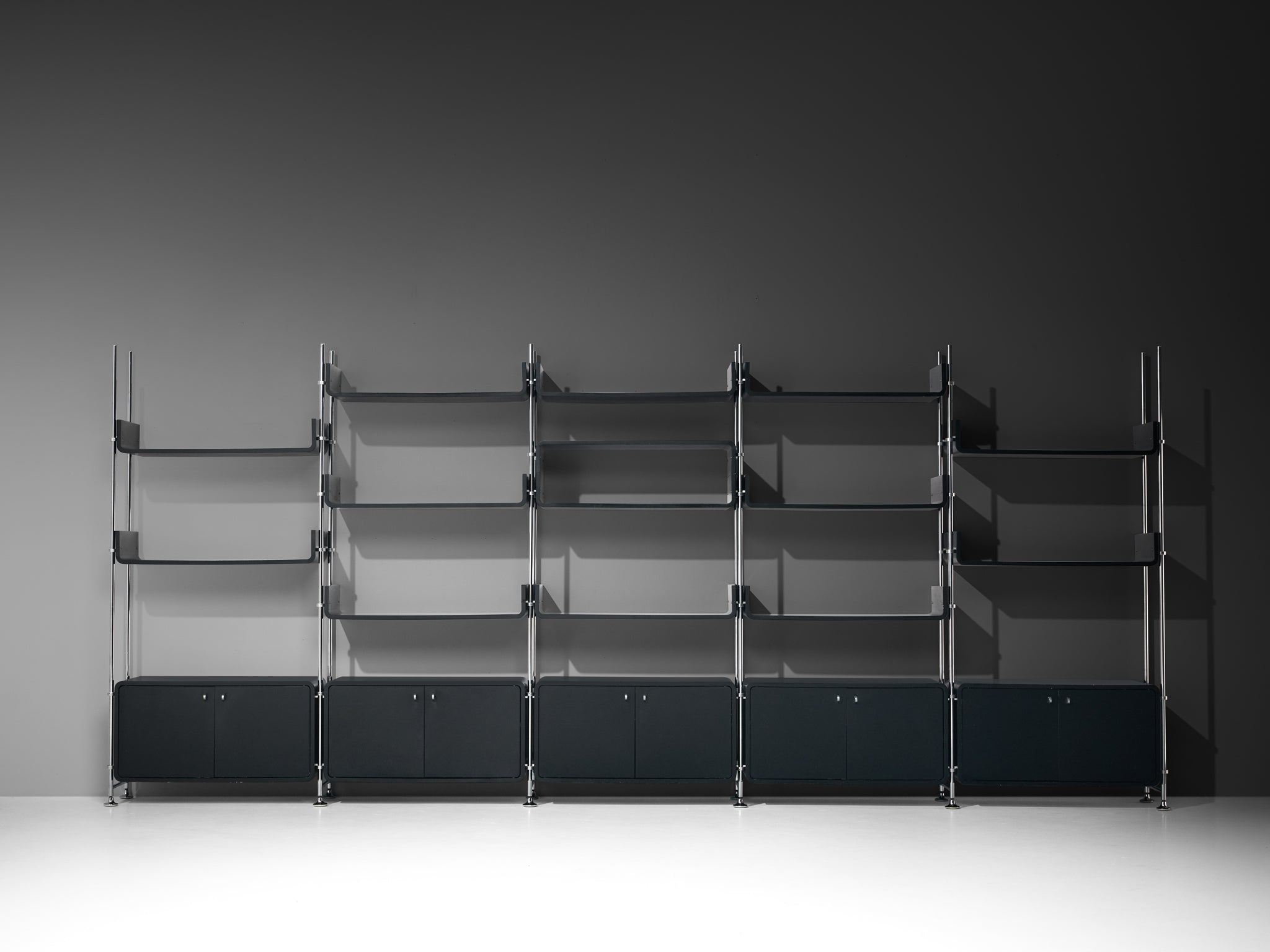 Michel Ducaroy Modular Wall Unit in Black Lacquered Wood and Steel