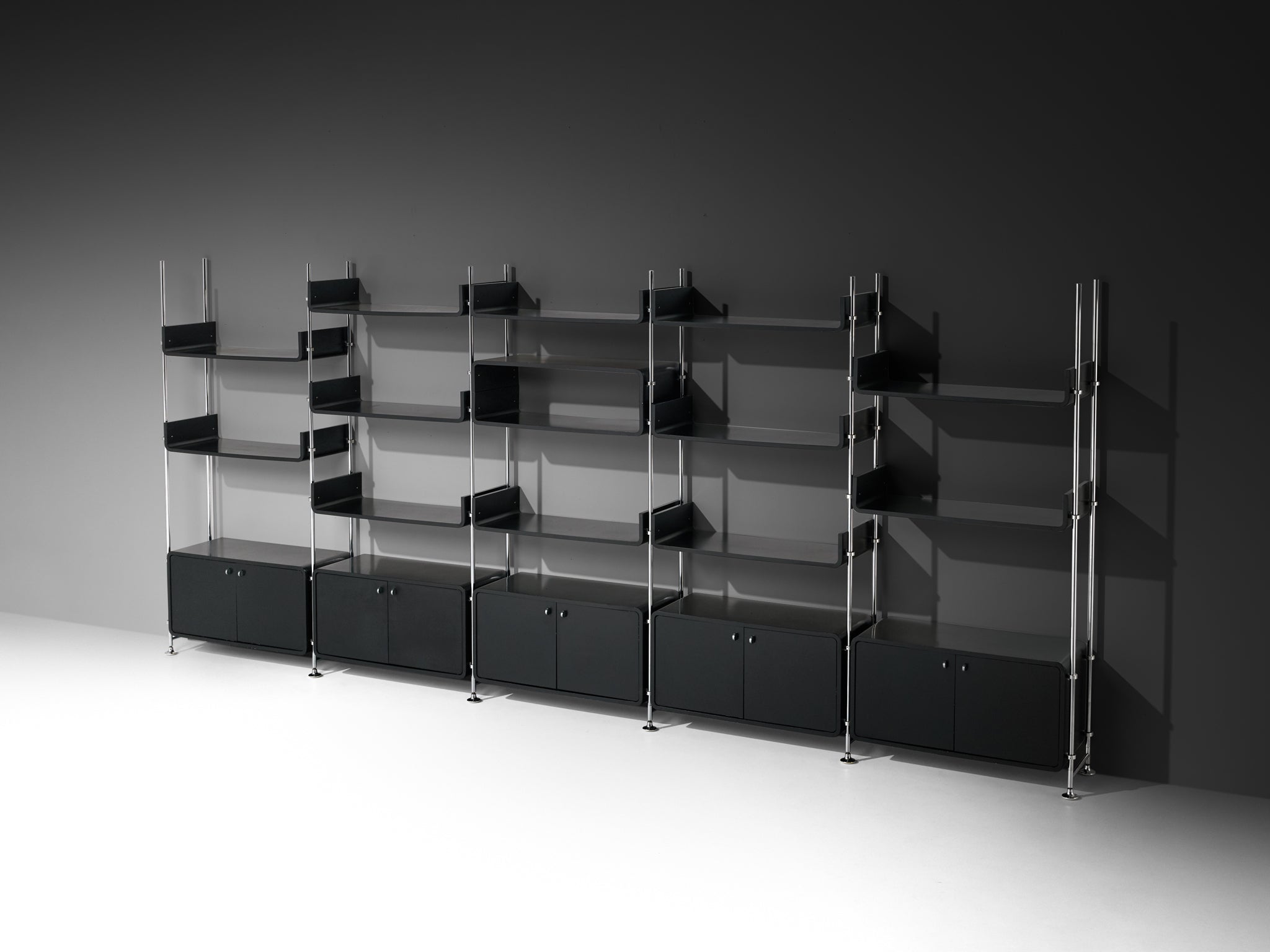 Michel Ducaroy Modular Wall Unit in Black Lacquered Wood and Steel