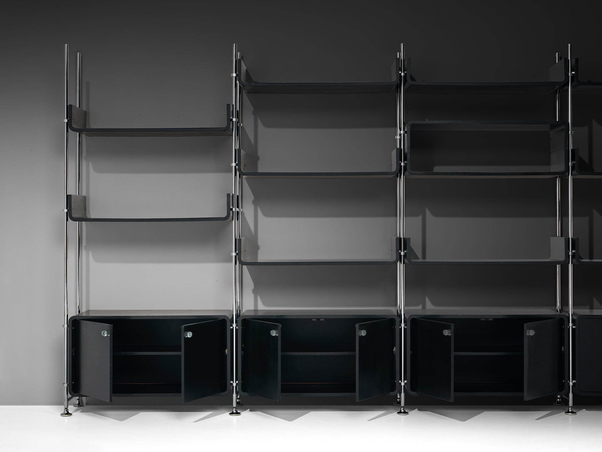 Michel Ducaroy Modular Wall Unit in Black Lacquered Wood and Steel