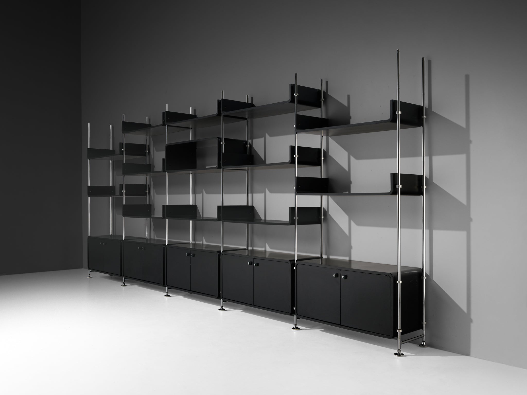 Michel Ducaroy Modular Wall Unit in Black Lacquered Wood and Steel