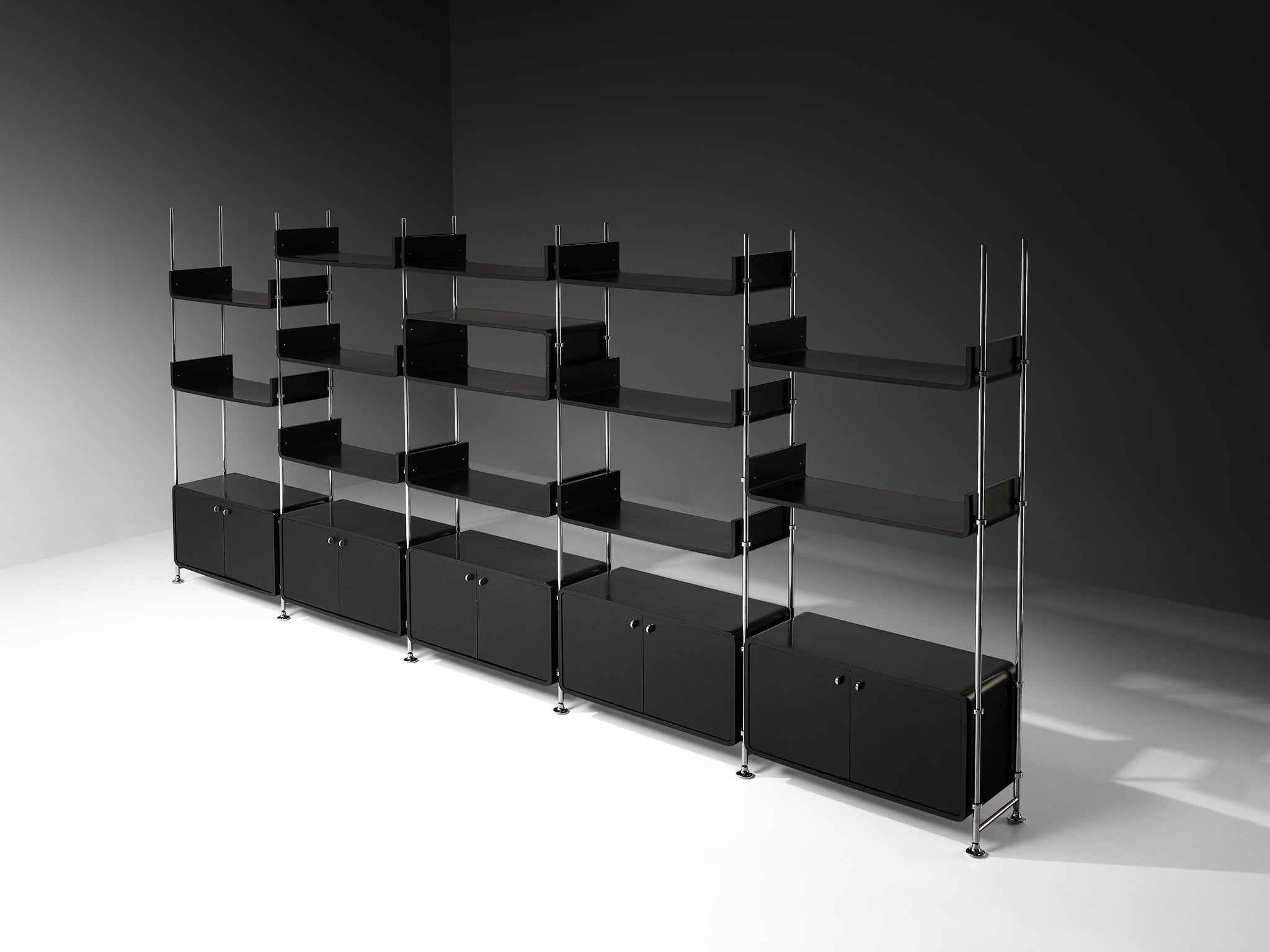 Michel Ducaroy Modular Wall Unit in Black Lacquered Wood and Steel