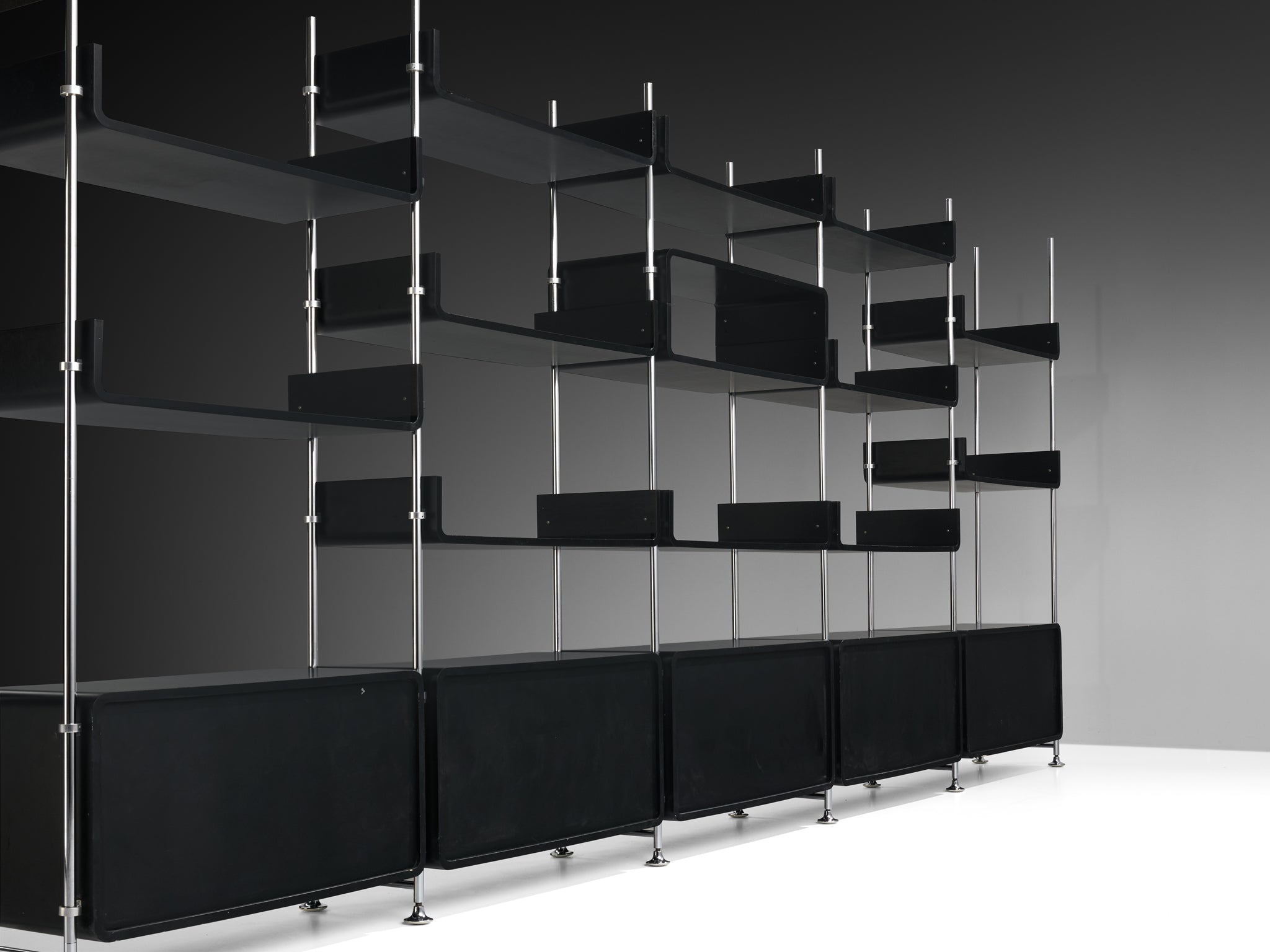 Michel Ducaroy Modular Wall Unit in Black Lacquered Wood and Steel