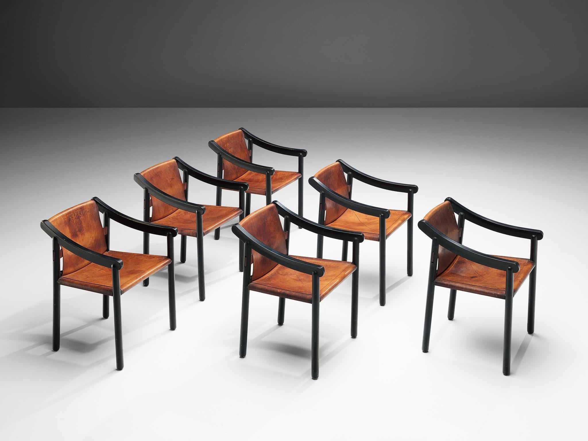 Vico Magistretti for Cassina Set of Six '905' Armchairs in Cognac Leather