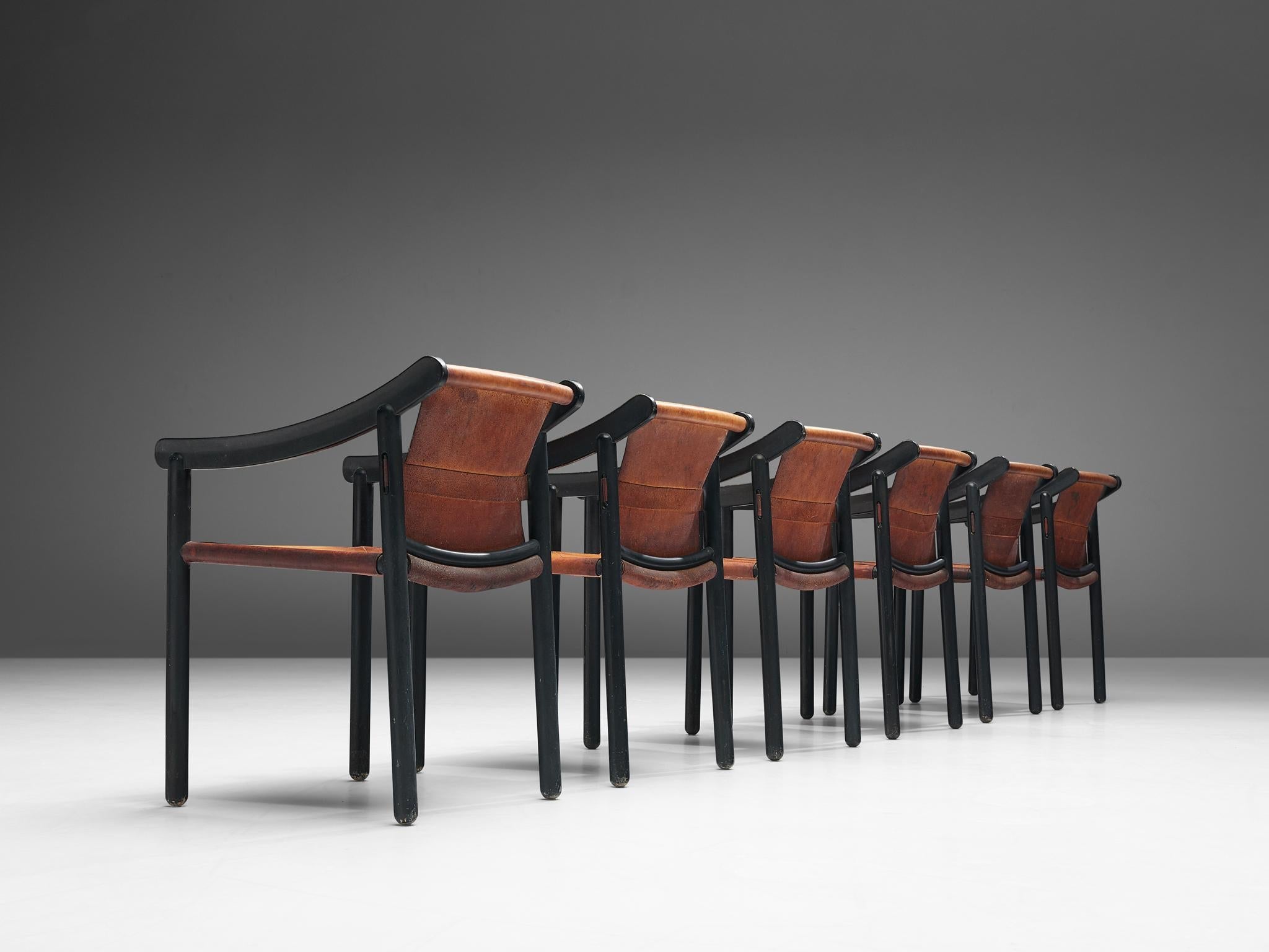 Vico Magistretti for Cassina Set of Six '905' Armchairs in Cognac Leather