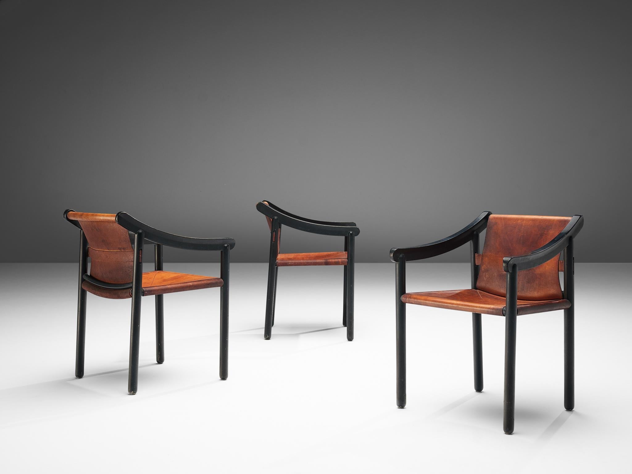 Vico Magistretti for Cassina Set of Six '905' Armchairs in Cognac Leather