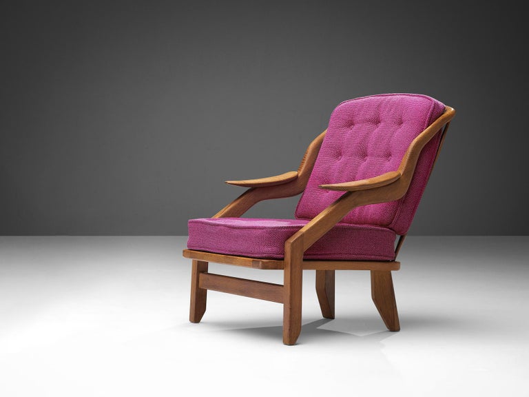 Guillerme & Chambron 'Gregoire' Lounge Chair in Pink Upholstery and Solid Oak