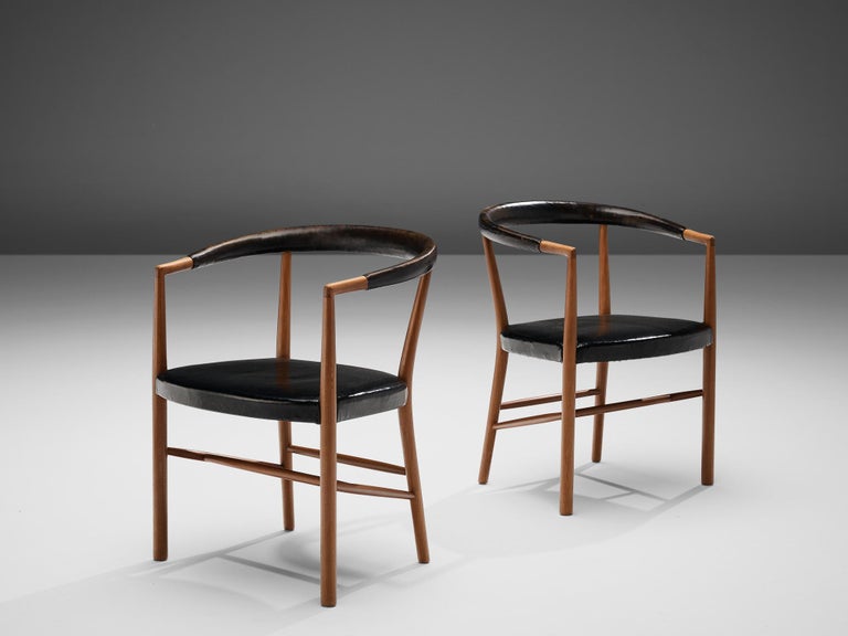 Jacob Kjær 'UN' Armchairs with Original Black Leather and Mahogany