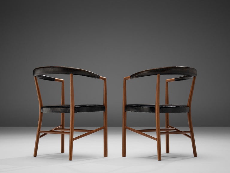 Jacob Kjær 'UN' Armchairs with Original Black Leather and Mahogany