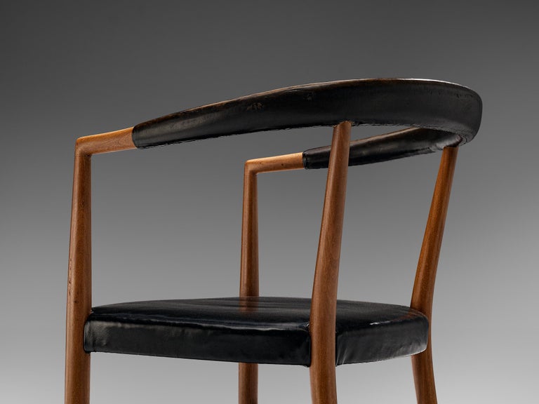 Jacob Kjær 'UN' Armchairs with Original Black Leather and Mahogany