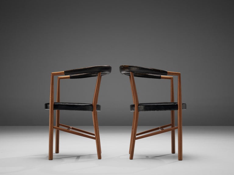 Jacob Kjær 'UN' Armchairs with Original Black Leather and Mahogany