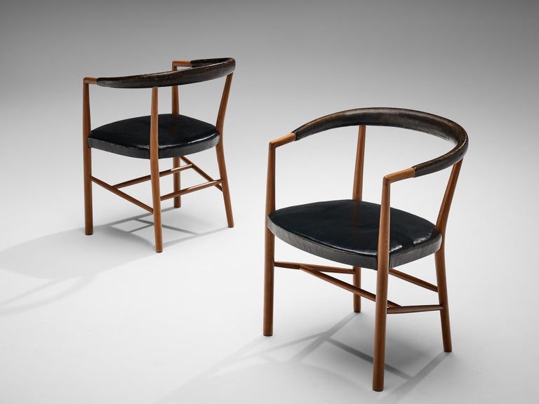 Jacob Kjær 'UN' Armchairs with Original Black Leather and Mahogany