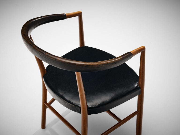 Jacob Kjær 'UN' Armchairs with Original Black Leather and Mahogany