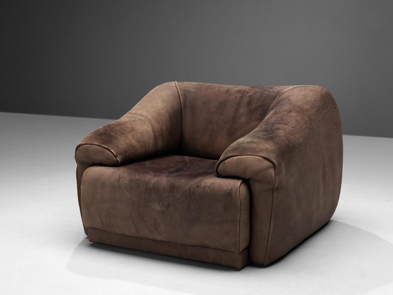 Large Lounge Chair in Original Patinated Buffalo Leather