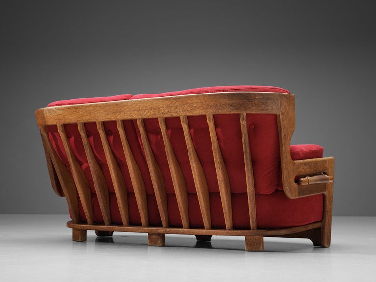 Guillerme & Chambron Sofa 'Denis' in Solid Oak and Red Velvet