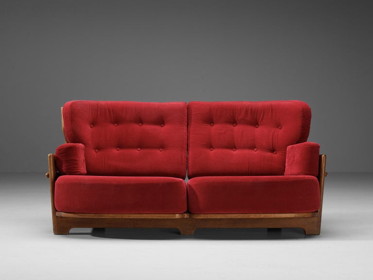 Guillerme & Chambron Sofa 'Denis' in Solid Oak and Red Velvet