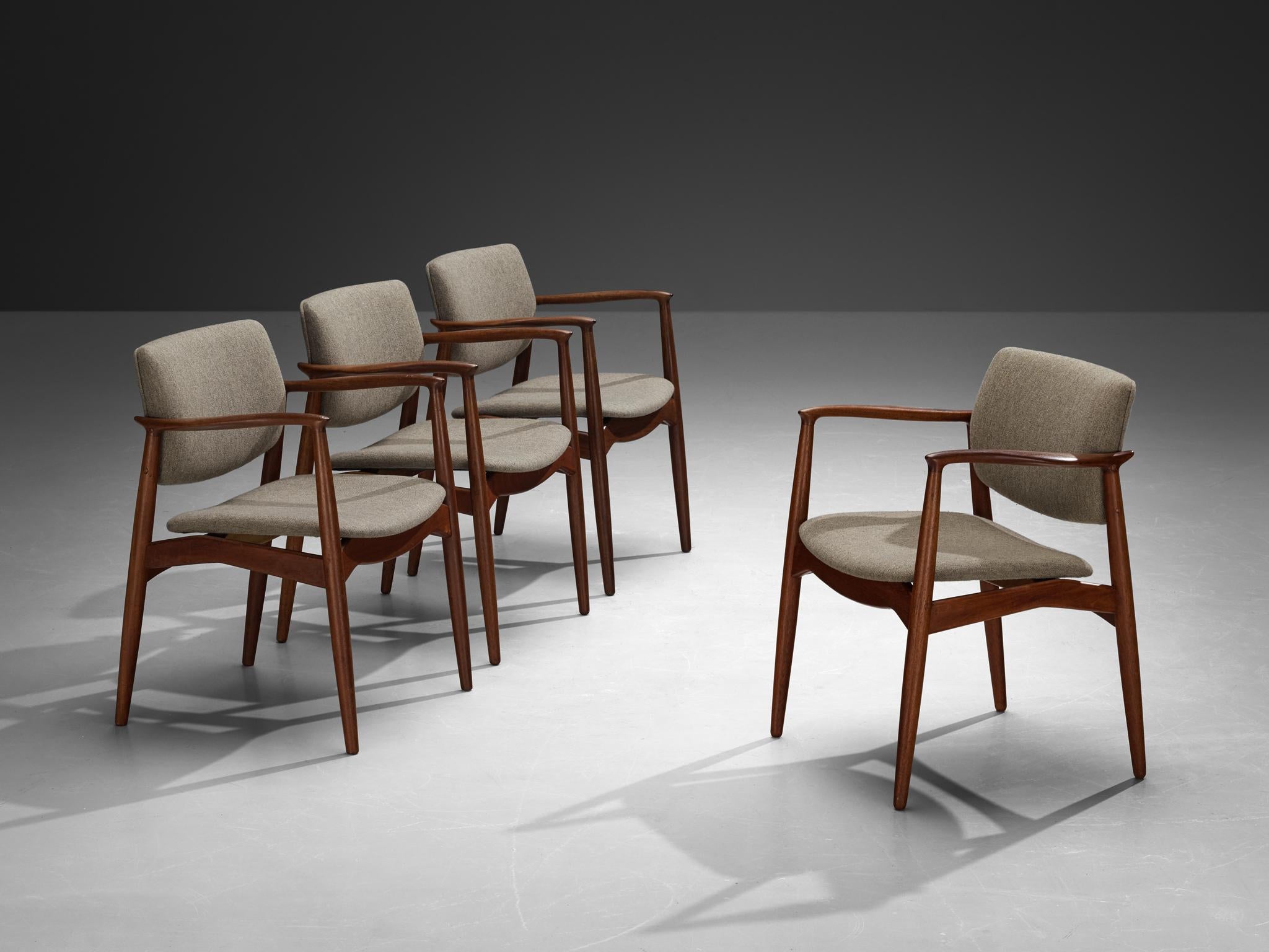 Erik Buch Set of Four Dining Chairs in Teak and Grey Upholstery