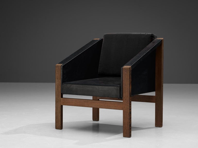 Geometric Armchair in Wengé and Black Leatherette