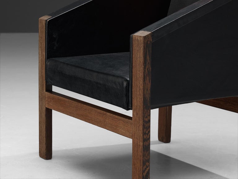 Geometric Armchair in Wengé and Black Leatherette