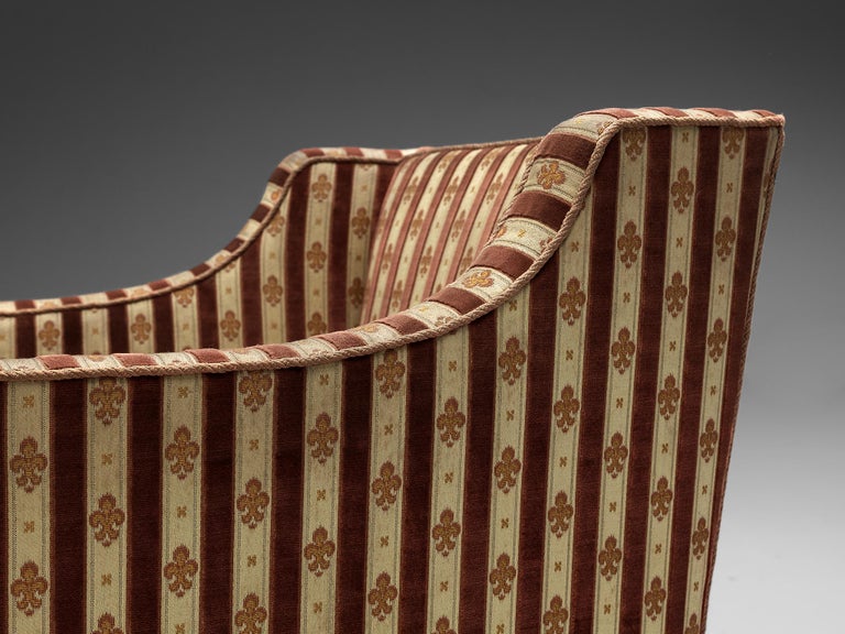 Art Deco Armchair in Red Striped Fleurs de Lis Patterned Upholstery