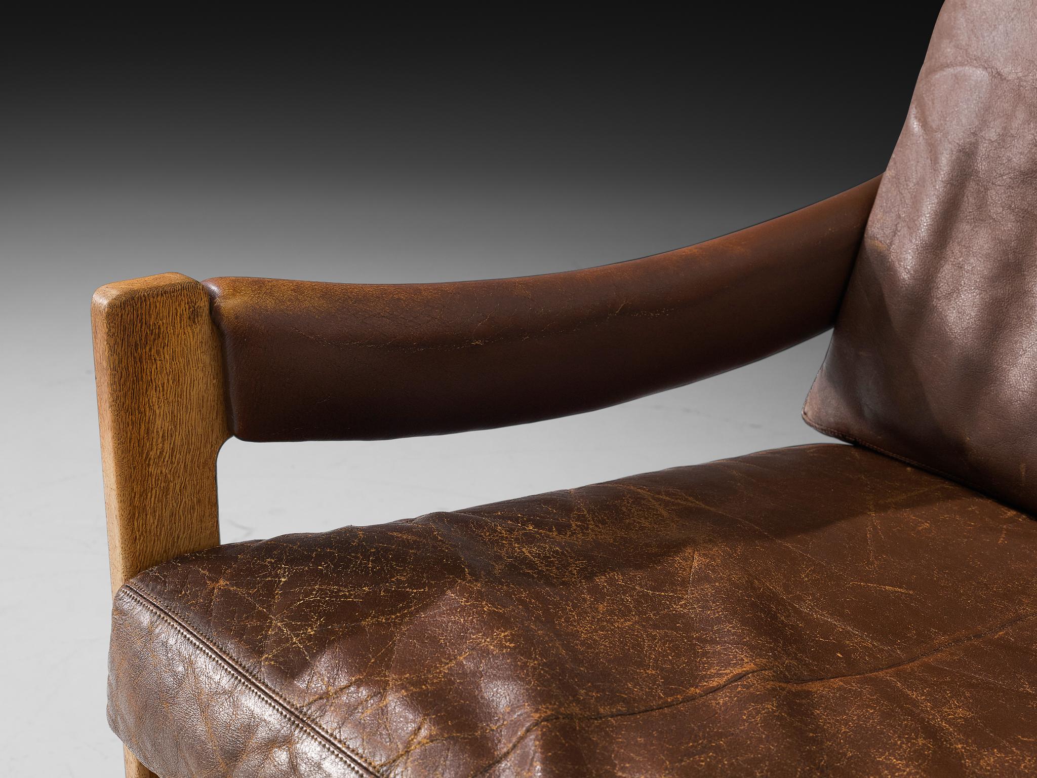 Danish Lounge Chair in Brown Leather and Oak