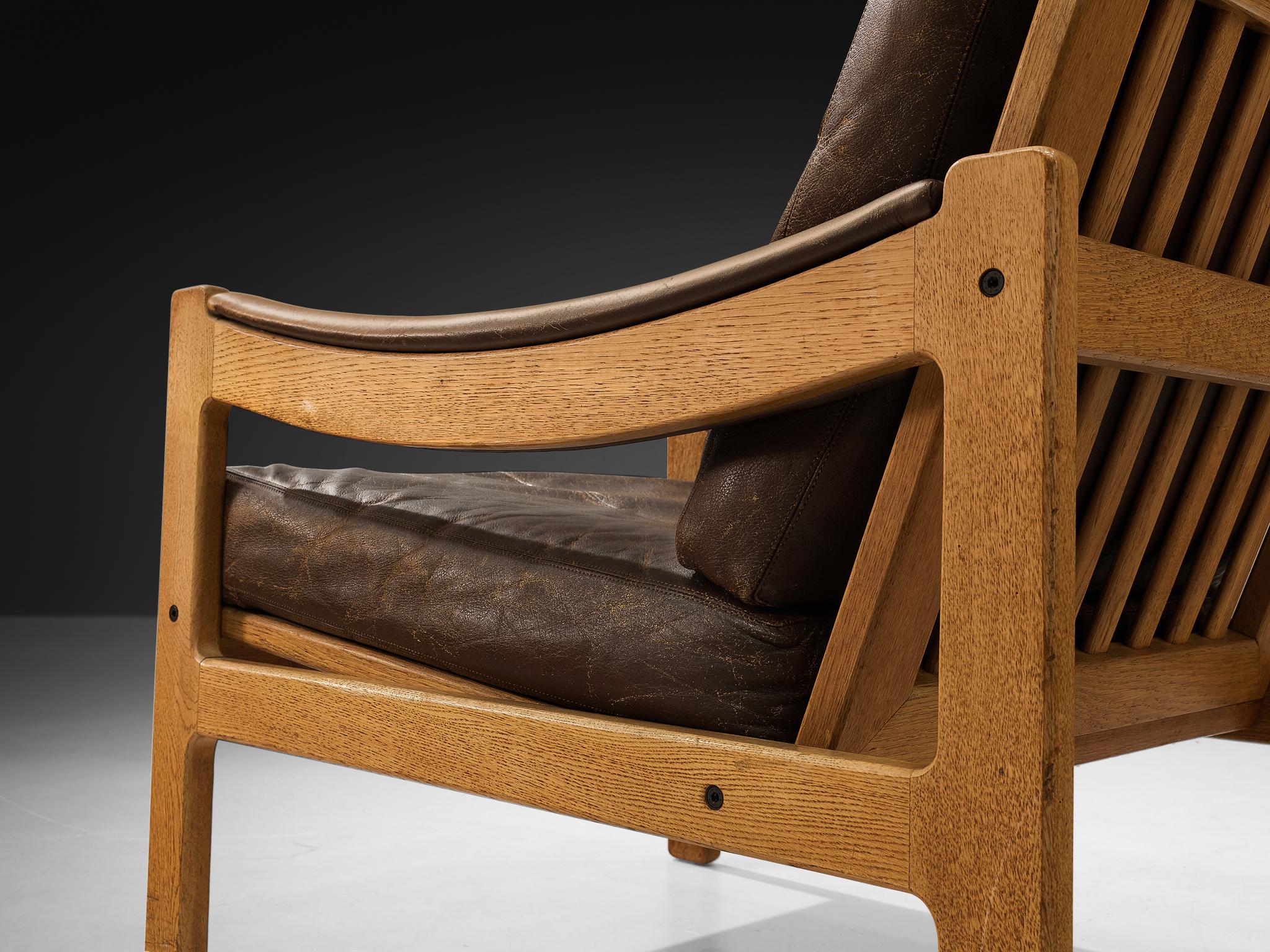 Danish Lounge Chair in Brown Leather and Oak