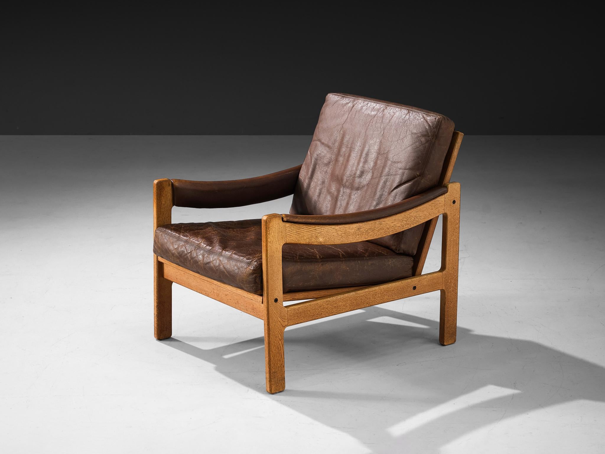 Danish Lounge Chair in Brown Leather and Oak