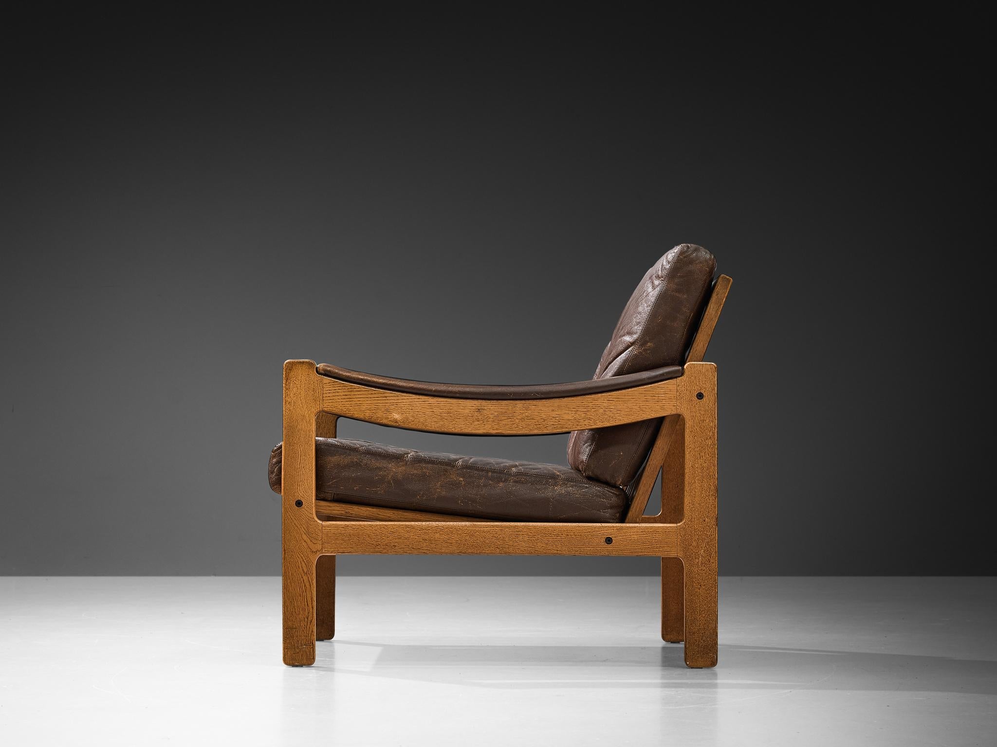 Danish Lounge Chair in Brown Leather and Oak