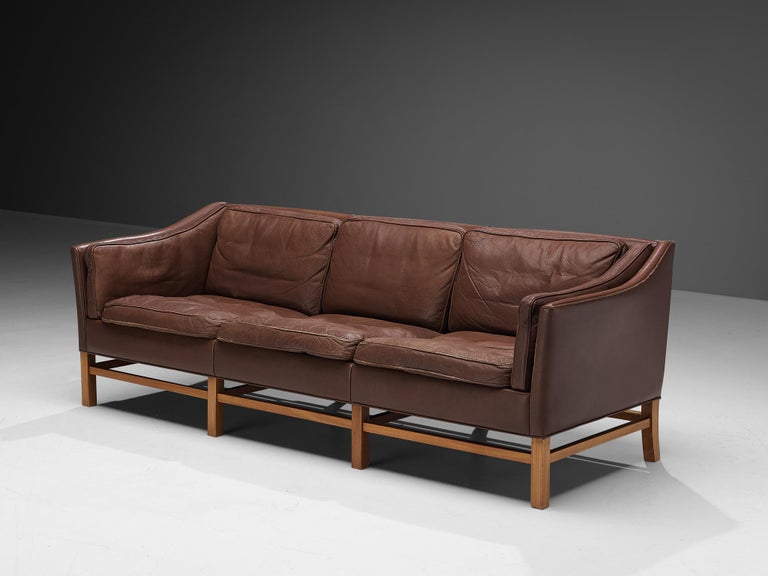 Danish Three Seat Sofa in Umber Leather and Mahogany