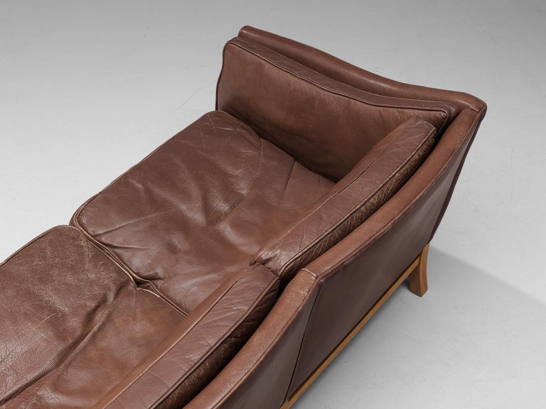 Danish Three Seat Sofa in Umber Leather and Mahogany