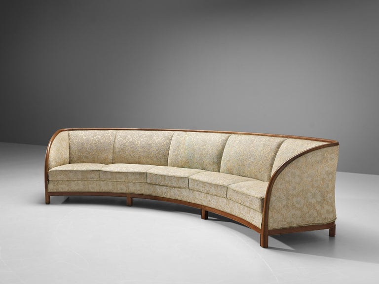 Large Curved Danish Sofa in Light Fabric Upholstery