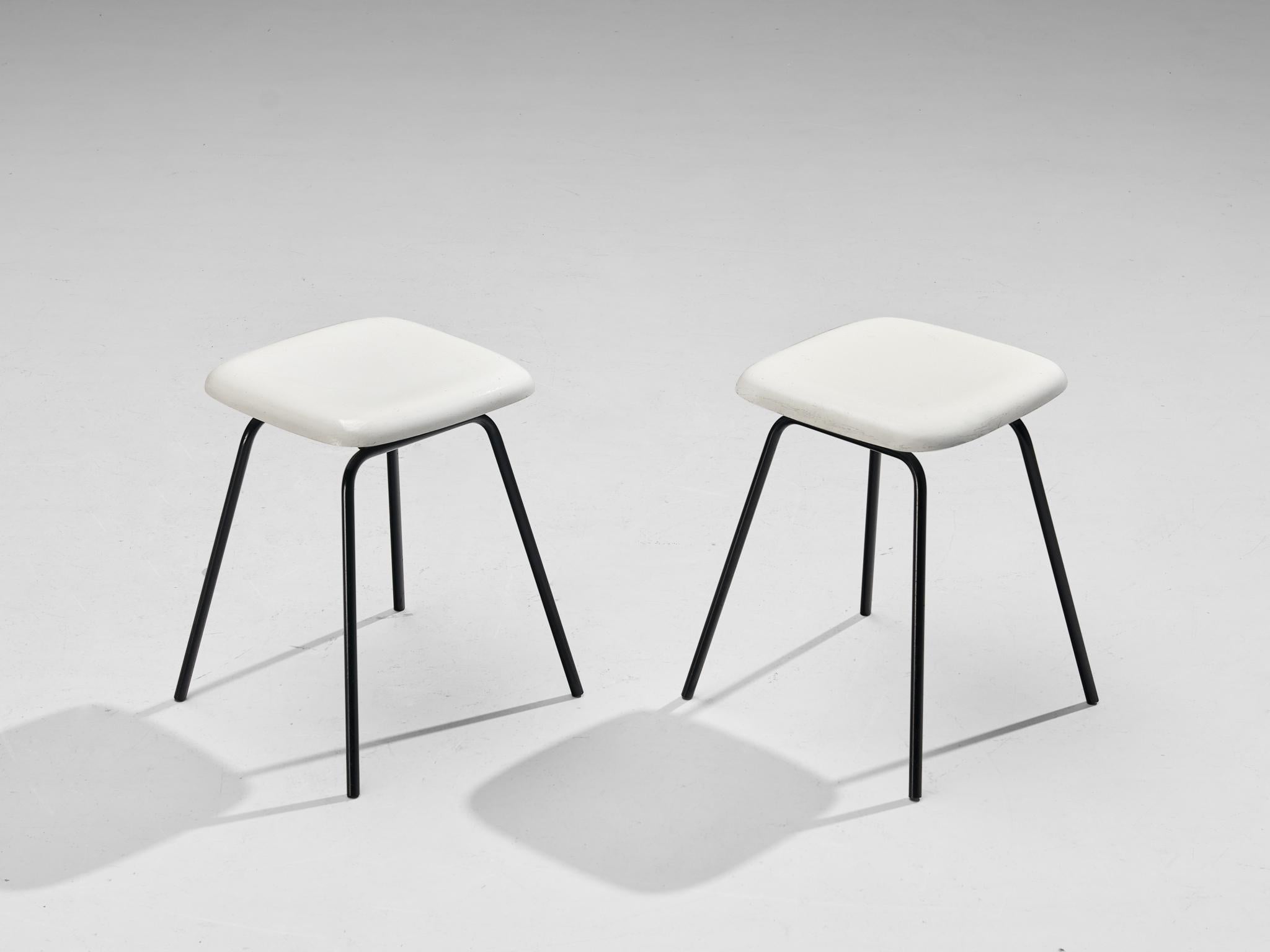 Modern Stools in White Fiberglass and Black Coated Steel