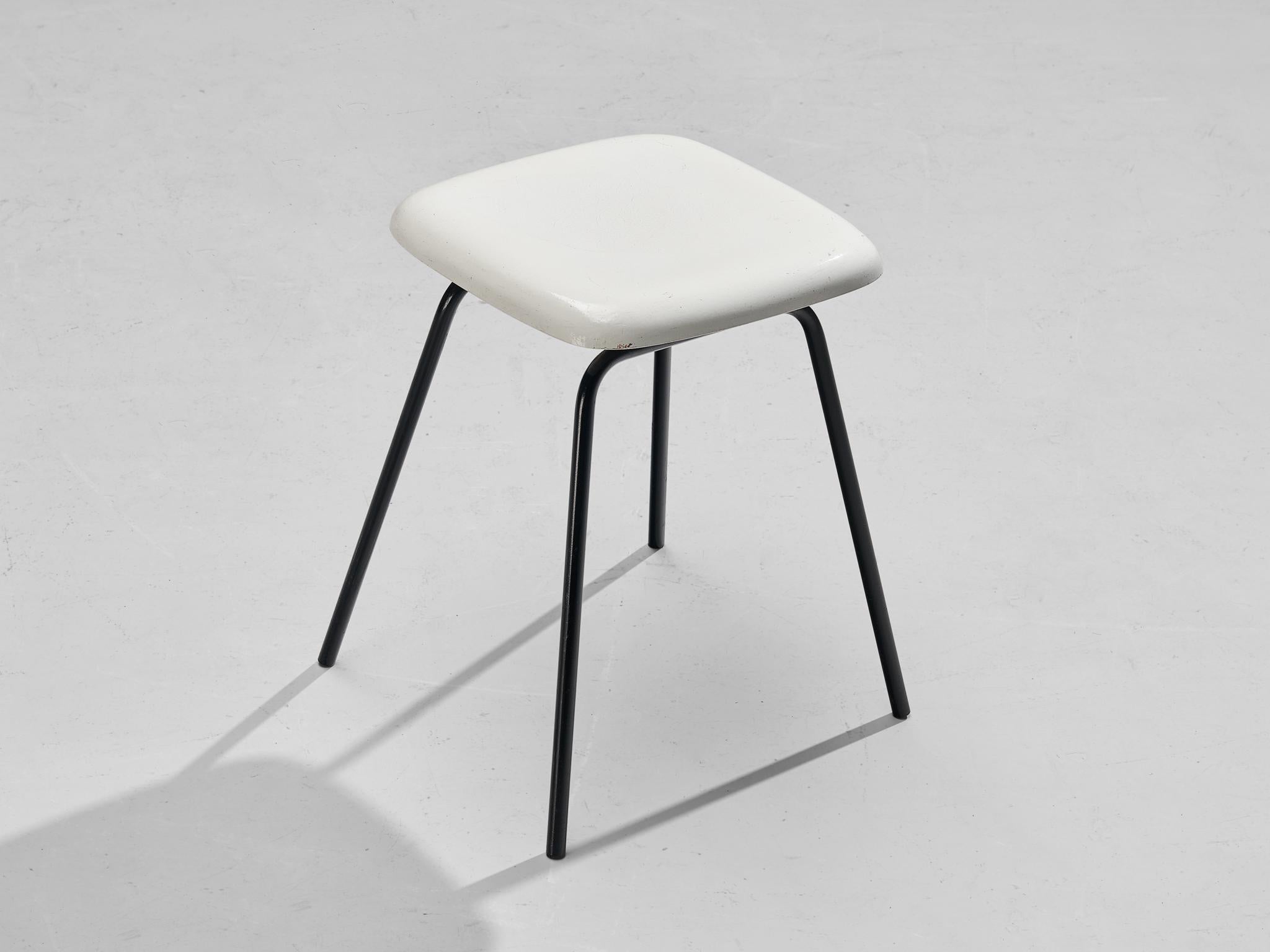 Modern Stools in White Fiberglass and Black Coated Steel