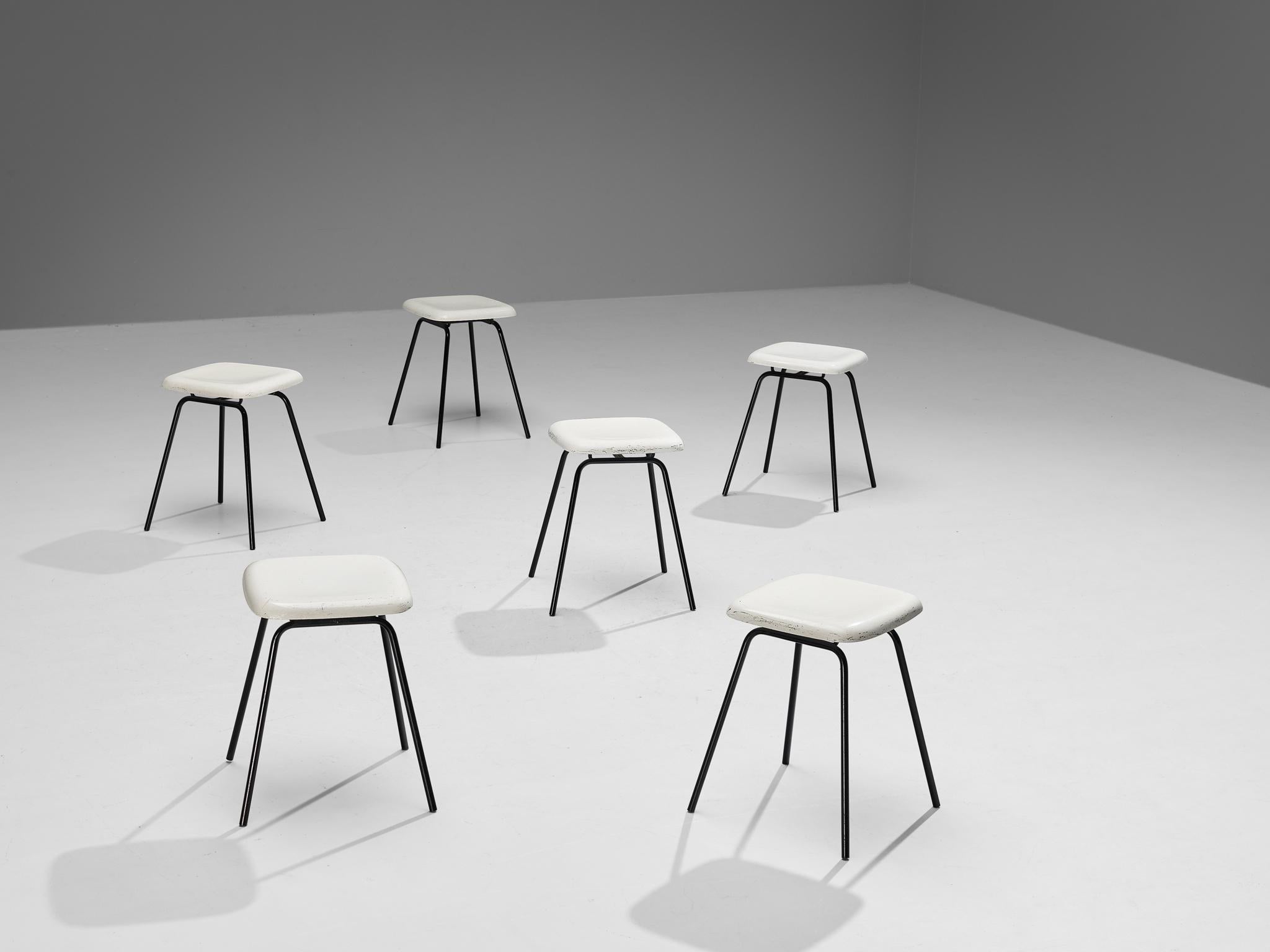 Modern Stools in White Fiberglass and Black Coated Steel