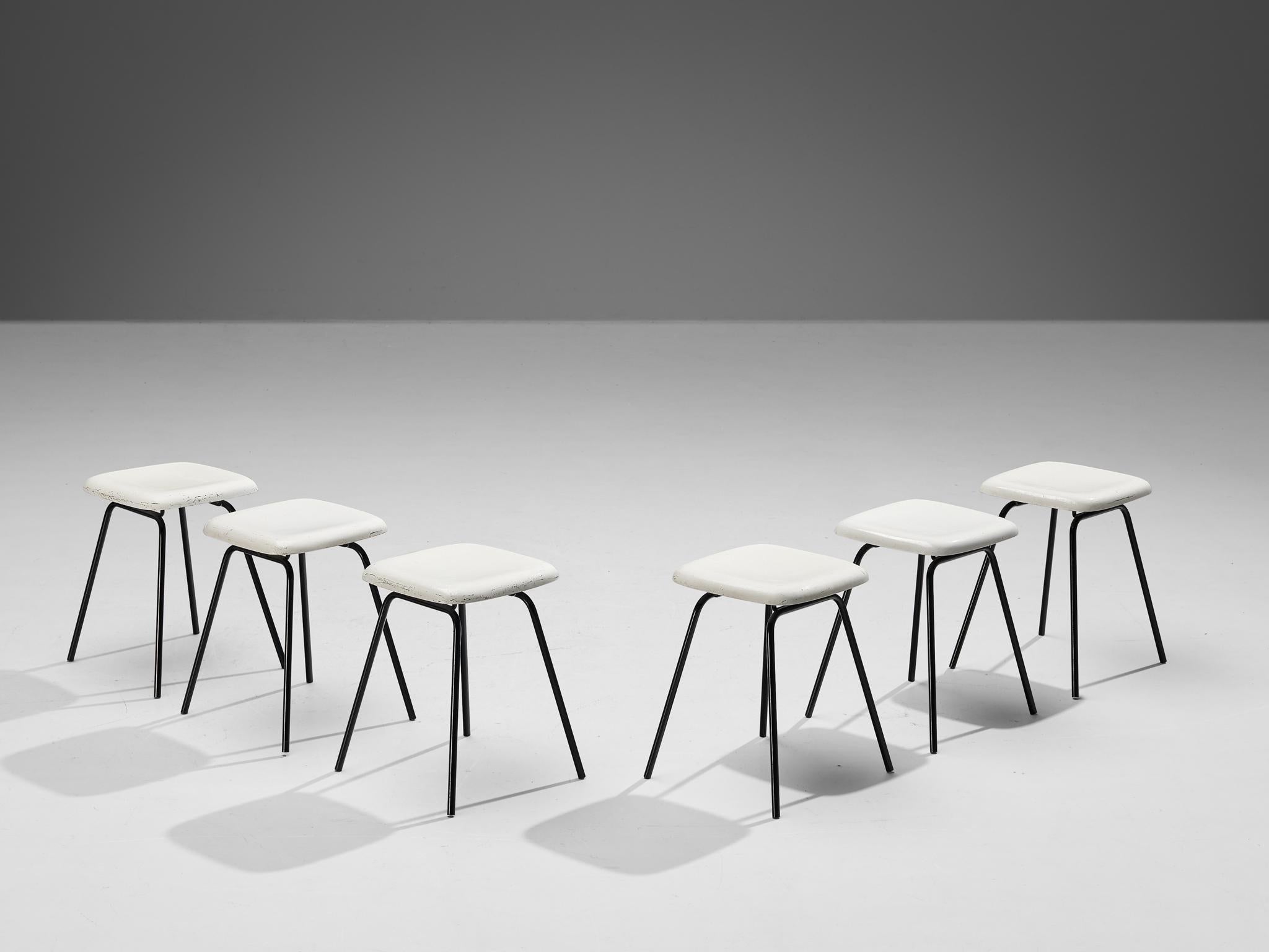 Modern Stools in White Fiberglass and Black Coated Steel