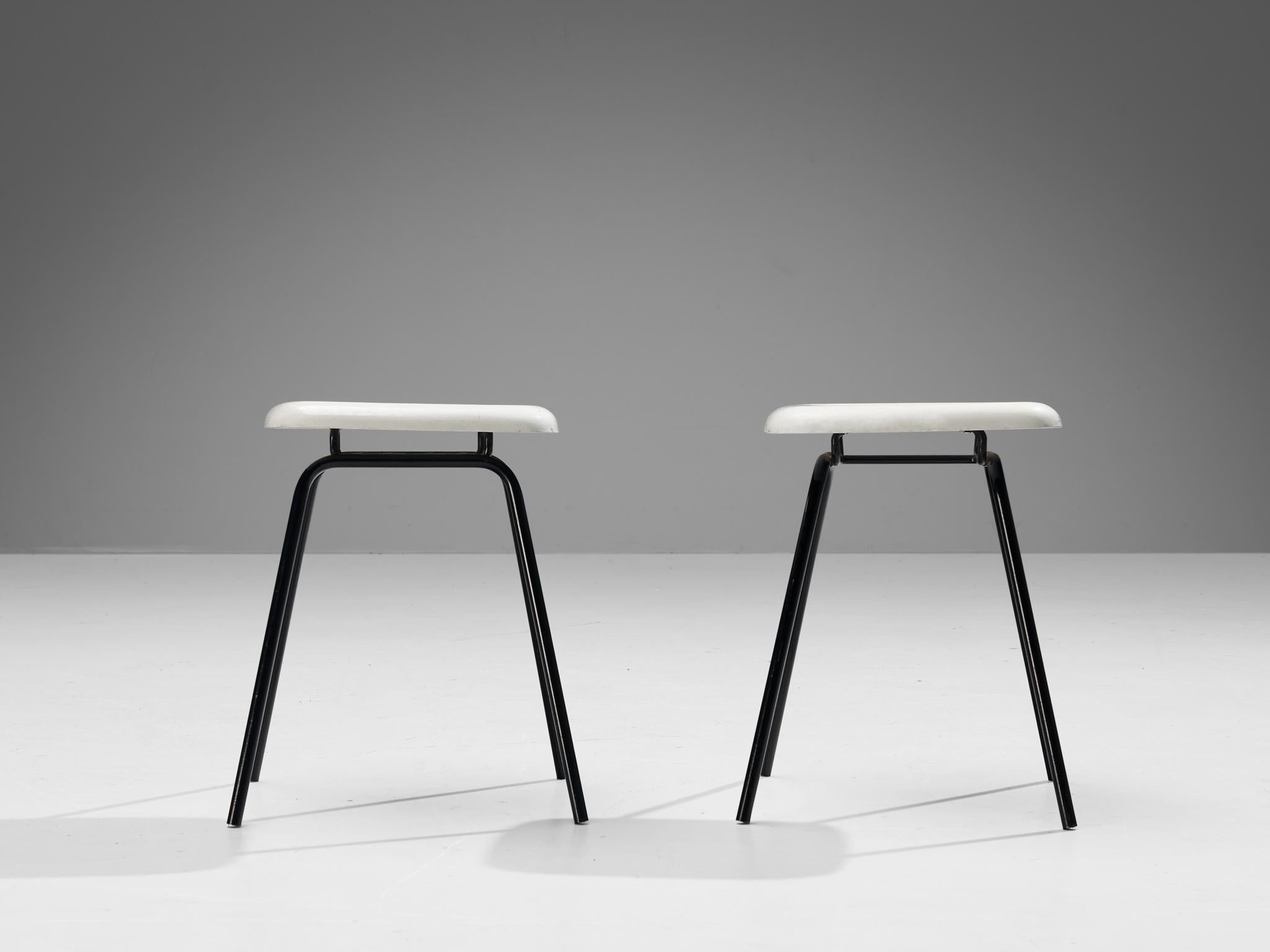 Modern Stools in White Fiberglass and Black Coated Steel