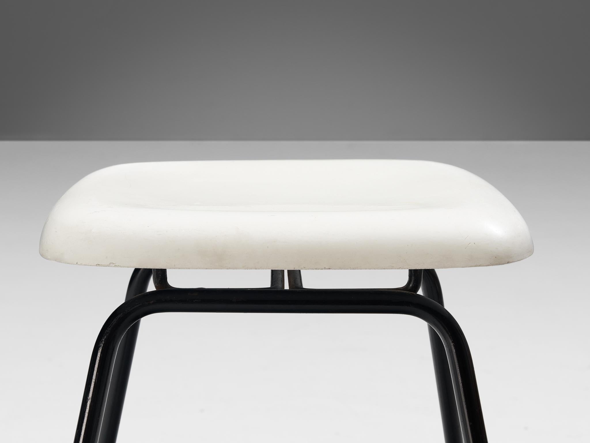 Modern Stools in White Fiberglass and Black Coated Steel