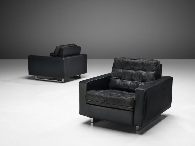 Pair of De Sede Armchairs in Black Leather and Steel