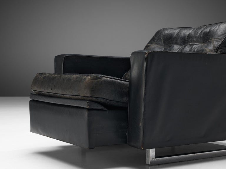 Pair of De Sede Armchairs in Black Leather and Steel