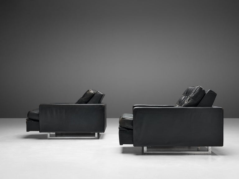 Pair of De Sede Armchairs in Black Leather and Steel