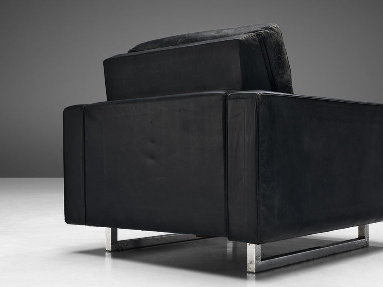 Pair of De Sede Armchairs in Black Leather and Steel